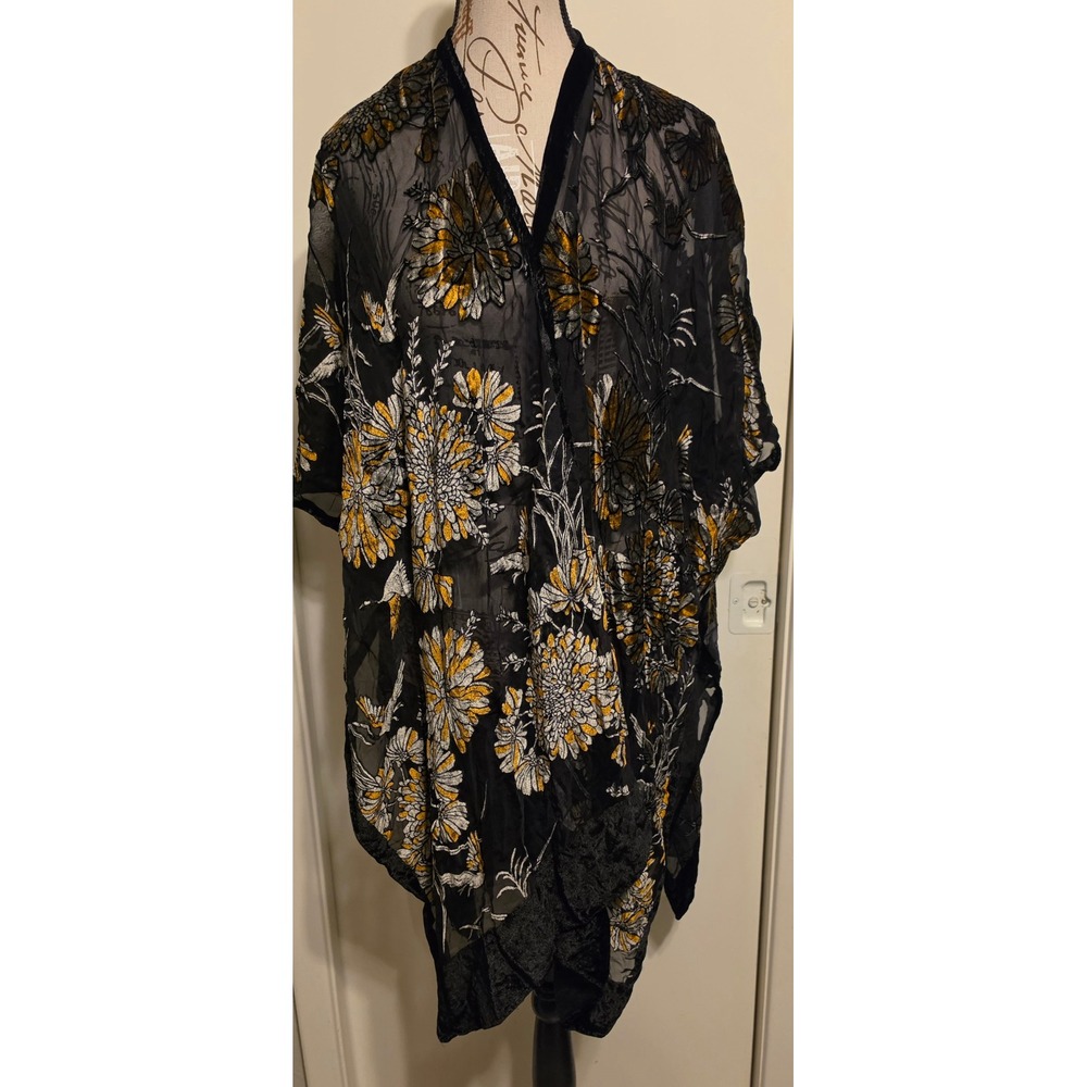 World Market Floral Velvet Burnout Kimono Wrap Black Gold Silver Birds OS